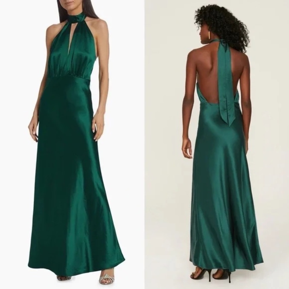 Something Navy Green Satin Halter Gown
